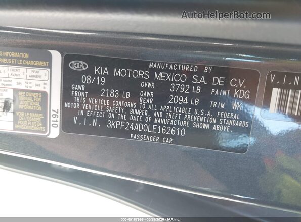3KPF24AD0LE162610 2020 KIA FORTE Gray Vista del compartimento del motor
