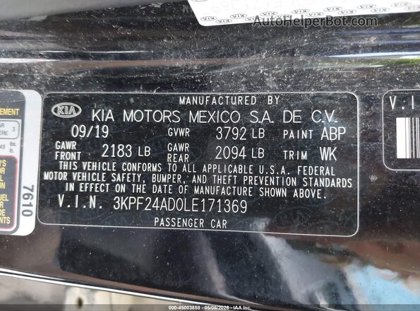 3KPF24AD0LE171369 2020 KIA FORTE Black ძრავის განყოფილების ხედი