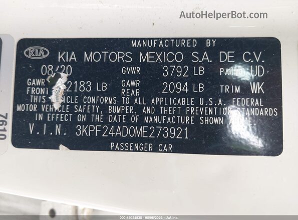 3KPF24AD0ME273921 2021 KIA FORTE White 