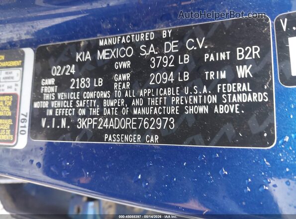 3KPF24AD0RE762973 2024 KIA FORTE Blue Widok komory silnika