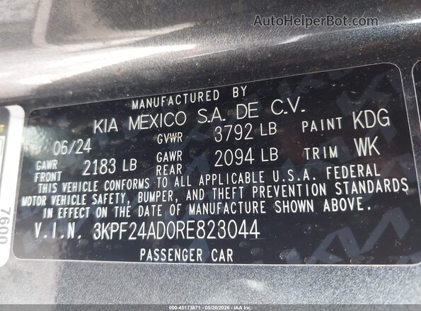3KPF24AD0RE823044 2024 KIA FORTE Gray Widok komory silnika