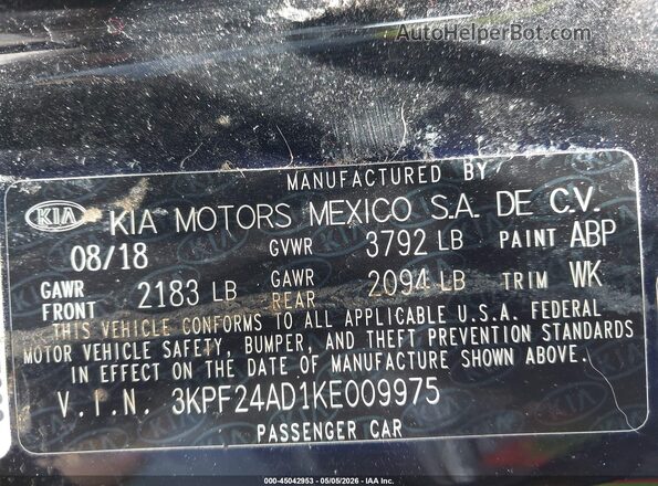 3KPF24AD1KE009975 2019 KIA FORTE Black Շարժիչի բաժամունքի տեսք