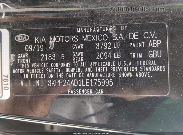 3KPF24AD1LE175995 2020 KIA FORTE Black Շարժիչի բաժամունքի տեսք