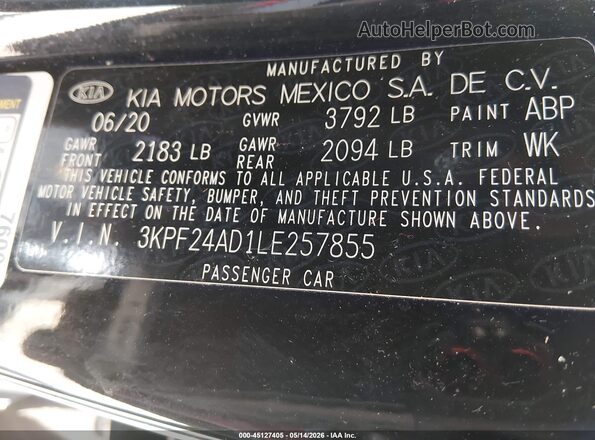 3KPF24AD1LE257855 2020 KIA FORTE Black Widok komory silnika