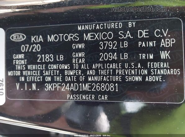 3KPF24AD1ME268081 2021 KIA FORTE Black Вид підкапотного простору