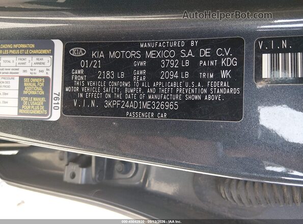 3KPF24AD1ME326965 2021 KIA FORTE Gray Widok komory silnika