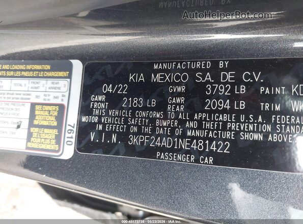 3KPF24AD1NE481422 2022 KIA FORTE Blue Շարժիչի բաժամունքի տեսք