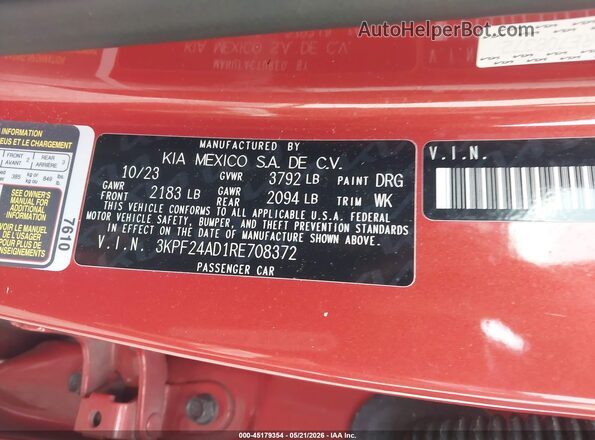 3KPF24AD1RE708372 2024 KIA FORTE Orange ძრავის განყოფილების ხედი