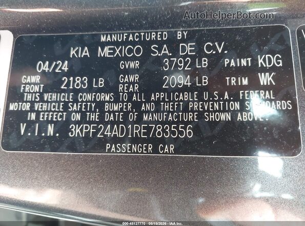 3KPF24AD1RE783556 2024 KIA FORTE Gray Widok komory silnika