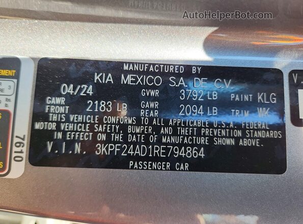 3KPF24AD1RE794864 2024 KIA FORTE Silver 