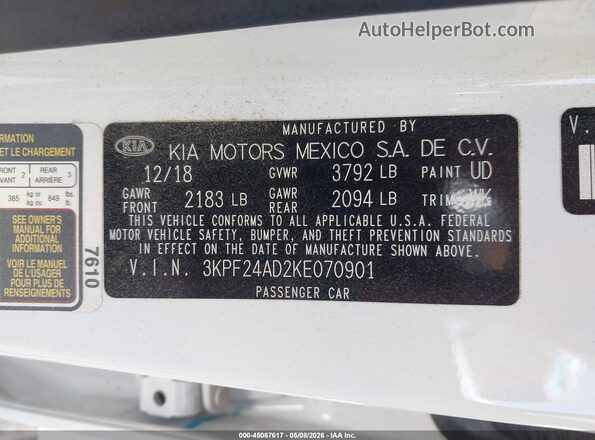 3KPF24AD2KE070901 2019 KIA FORTE White 