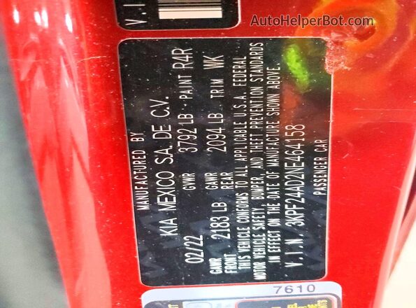 3KPF24AD2NE464158 2022 KIA FORTE Red Vista del compartimento del motor