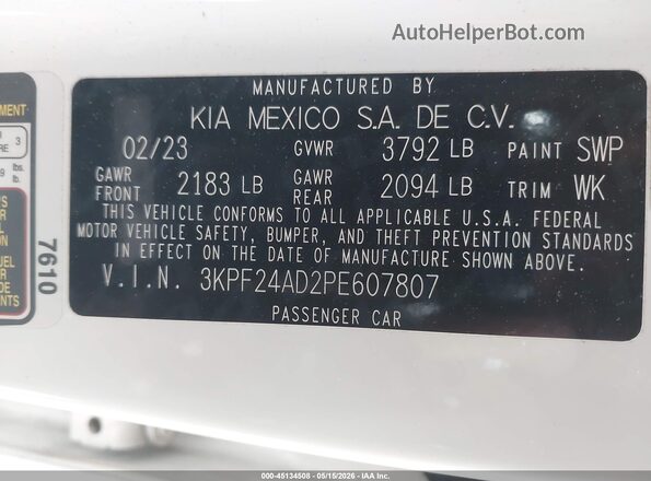 3KPF24AD2PE607807 2023 KIA FORTE White 
