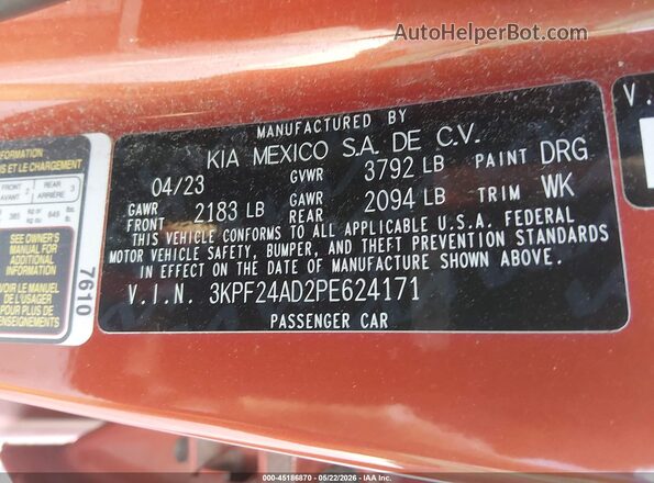 3KPF24AD2PE624171 2023 KIA FORTE Orange ძრავის განყოფილების ხედი
