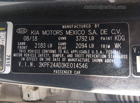 3KPF24AD3KE014546 2019 KIA FORTE Gray 
