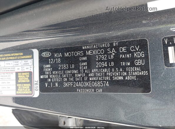 3KPF24AD3KE068574 2019 KIA FORTE Gray Вид підкапотного простору