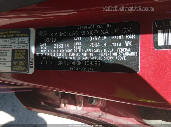 3KPF24AD3KE109396 2019 KIA FORTE Красный Вид подкапотного пространства