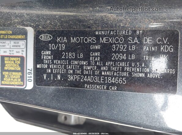 3KPF24AD3LE184665 2020 KIA FORTE Gray Engine compartment view