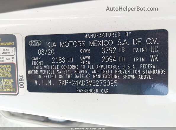3KPF24AD3ME275095 2021 KIA FORTE White Շարժիչի բաժամունքի տեսք