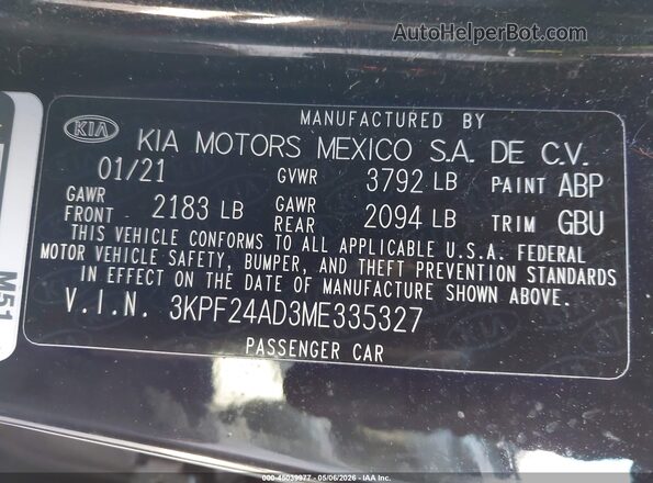 3KPF24AD3ME335327 2021 KIA FORTE Black Շարժիչի բաժամունքի տեսք
