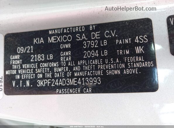 3KPF24AD3ME413993 2021 KIA FORTE Silver Շարժիչի բաժամունքի տեսք