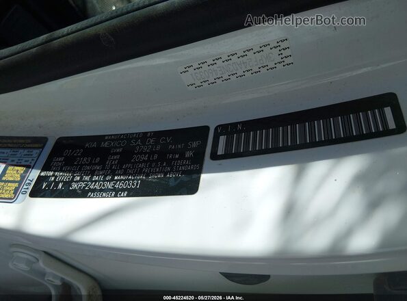 3KPF24AD3NE460331 2022 KIA FORTE White Engine compartment view