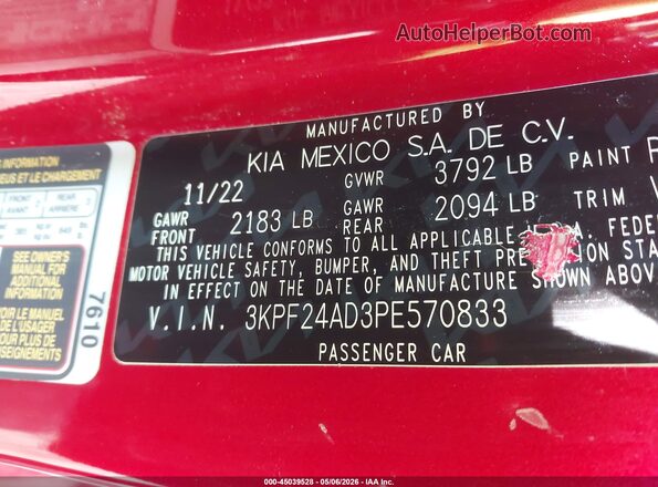 3KPF24AD3PE570833 2023 KIA FORTE Red Շարժիչի բաժամունքի տեսք