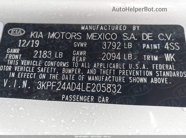 3KPF24AD4LE205832 2020 KIA FORTE Silver Vista del compartimento del motor