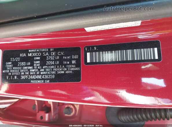3KPF24AD4NE436359 2022 KIA FORTE Красный Вид подкапотного пространства