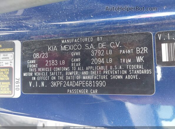 3KPF24AD4PE681990 2023 KIA FORTE Blue Շարժիչի բաժամունքի տեսք