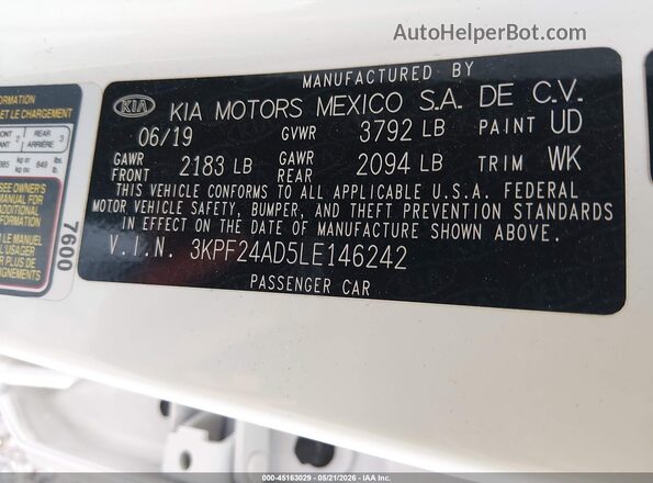 3KPF24AD5LE146242 2020 KIA FORTE White Вид підкапотного простору