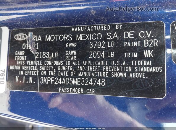3KPF24AD5ME324748 2021 KIA FORTE Blue Vista del compartimento del motor
