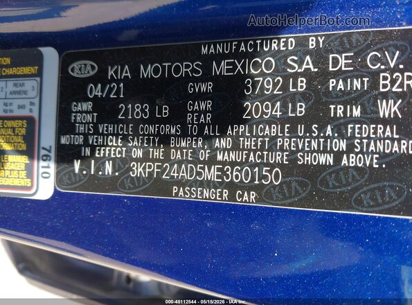 3KPF24AD5ME360150 2021 KIA FORTE Blue Engine compartment view