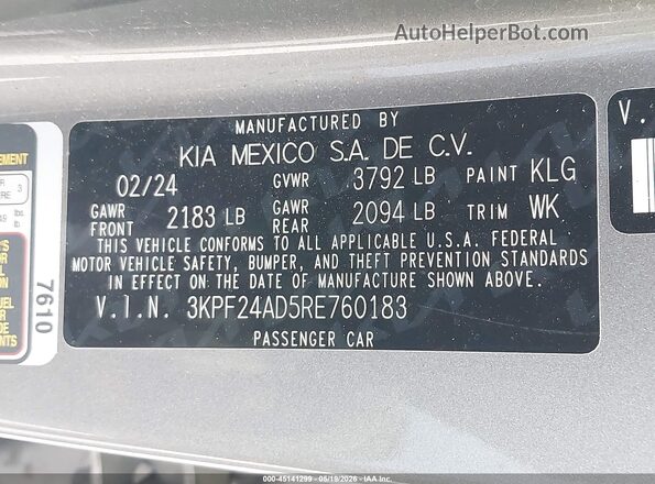 3KPF24AD5RE760183 2024 KIA FORTE Gray Vista del compartimento del motor