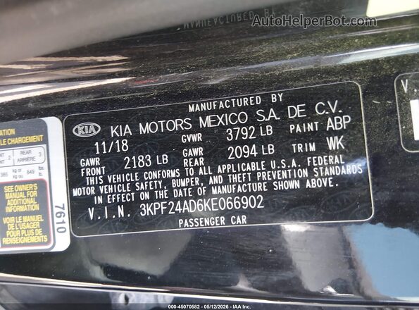 3KPF24AD6KE066902 2019 KIA FORTE Black Вид підкапотного простору