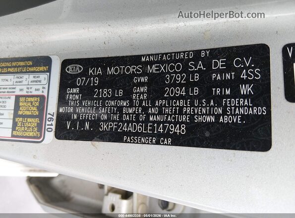 3KPF24AD6LE147948 2020 KIA FORTE Silver Vista del compartimento del motor