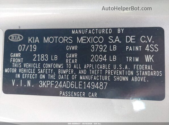 3KPF24AD6LE149487 2020 KIA FORTE Silver Շարժիչի բաժամունքի տեսք