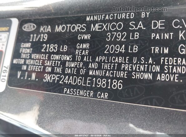3KPF24AD6LE198186 2020 KIA FORTE Black Widok komory silnika
