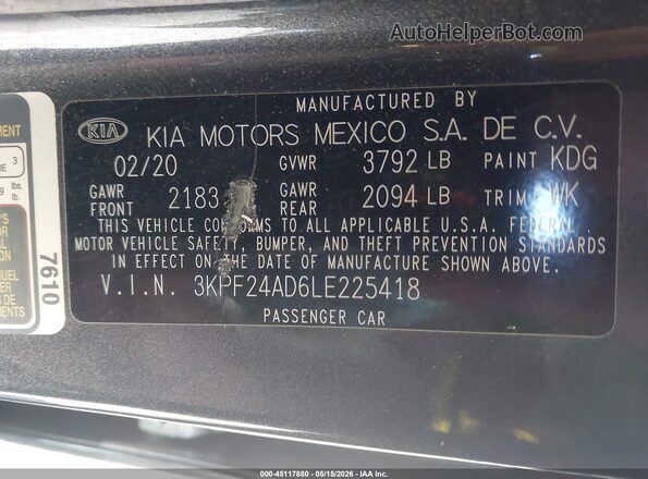 3KPF24AD6LE225418 2020 KIA FORTE Gray ძრავის განყოფილების ხედი