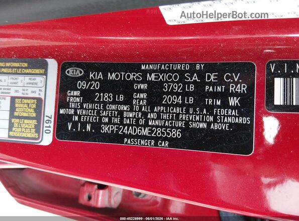 3KPF24AD6ME285586 2021 KIA FORTE Red Вид підкапотного простору