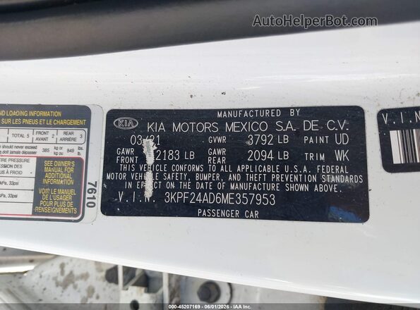 3KPF24AD6ME357953 2021 KIA FORTE White Вид підкапотного простору