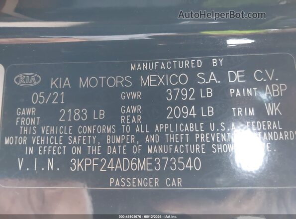3KPF24AD6ME373540 2021 KIA FORTE Black Շարժիչի բաժամունքի տեսք