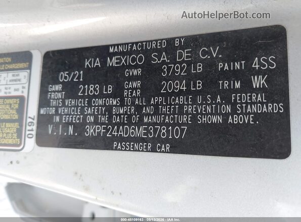 3KPF24AD6ME378107 2021 KIA FORTE Silver Widok komory silnika