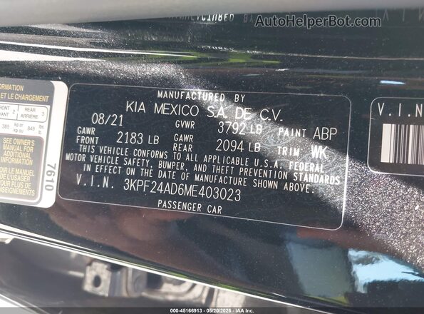 3KPF24AD6ME403023 2021 KIA FORTE Black 