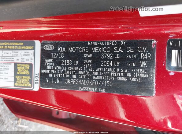 3KPF24AD7KE077150 2019 KIA FORTE Red Engine compartment view