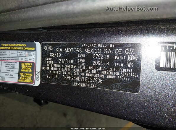 3KPF24AD7LE157906 2020 KIA FORTE Gray 