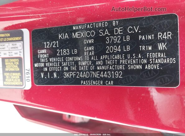 3KPF24AD7NE443192 2022 KIA FORTE Красный Вид подкапотного пространства