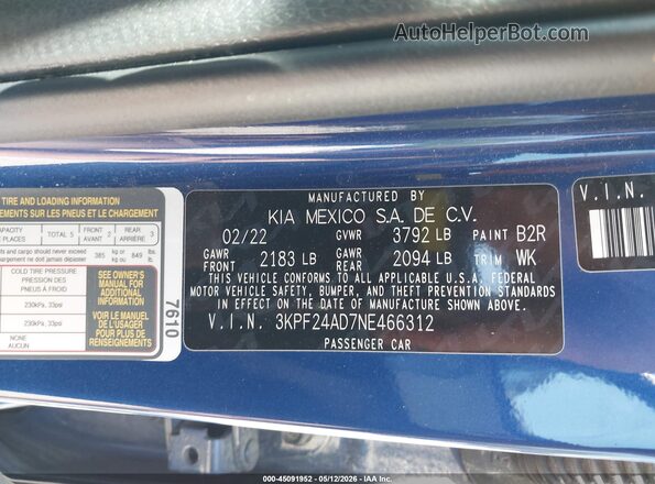 3KPF24AD7NE466312 2022 KIA FORTE Blue Շարժիչի բաժամունքի տեսք