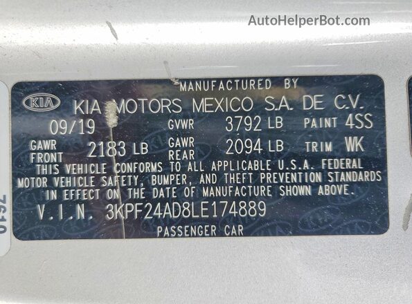 3KPF24AD8LE174889 2020 KIA FORTE Silver Engine compartment view