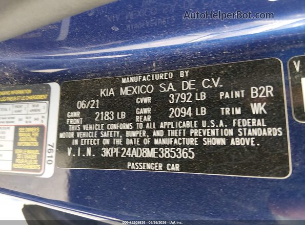3KPF24AD8ME385365 2021 KIA FORTE Blue Widok komory silnika